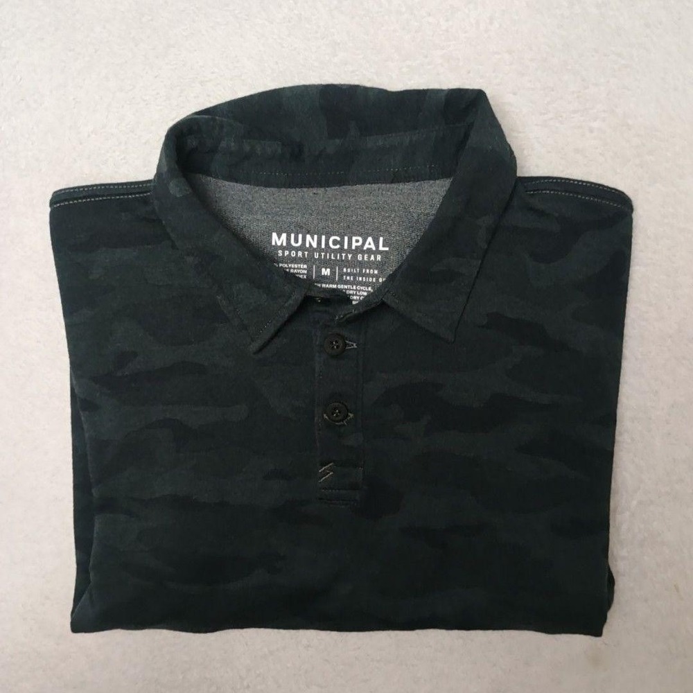 Municipal Polo Shirt Mens M Green Camouflage Tagless Stretch Collared Work Golf
